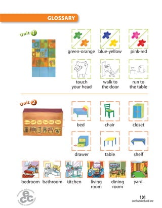 one hundred and one
101
green-orange blue-yellow pink-red
touch
your head
walk to
the door
run to
the table
GLOSSARY
111111UUUUUUnnniiittt
222222UUUUUUnnniiittt
drawer table shelf
bed chair closet
bedroom bathroom kitchen living
room
dining
room
yard
 