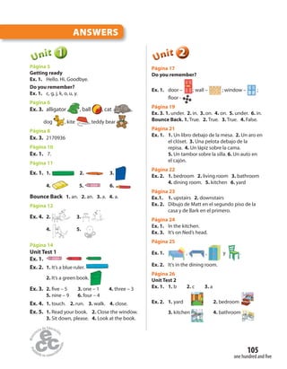 one hundred and five
105
111111UUUUUUnnniiittt
Página 5
Getting ready
Ex. 1. Hello. Hi. Goodbye.
Do you remember?
Ex. 1. c, g, j, k, o, u, y.
Página 6
Ex. 3. alligator , ball , cat ,
dog , kite , teddy bear .
Página 8
Ex. 3. 2170936
Página 10
Ex. 1. 7.
Página 11
Ex. 1. 1. 2. 3.
4. 5. 6.
Bounce Back 1. an. 2. an. 3. a. 4. a.
Página 12
Ex. 4. 2. 3.
4. 5.
Página 14
Unit Test 1
Ex. 1.
Ex. 2. 1. It’s a blue ruler.
2. It’s a green book.
Ex. 3. 2. five – 5 3. one – 1 4. three – 3
5. nine – 9 6. four – 4
Ex. 4. 1. touch. 2. run. 3. walk. 4. close.
Ex. 5. 1. Read your book. 2. Close the window.
3. Sit down, please. 4. Look at the book.
222222UUUUUUnnniiittt
Página 17
Do you remember?
Ex. 1. door – ; wall – ; window – ;
floor -
Página 19
Ex. 3. 1. under. 2. in. 3. on. 4. on. 5. under. 6. in.
Bounce Back. 1. True. 2. True. 3. True. 4. False.
Página 21
Ex. 1. 1. Un libro debajo de la mesa. 2. Un aro en
el clóset. 3. Una pelota debajo de la
repisa. 4. Un lápiz sobre la cama.
5. Un tambor sobre la silla. 6. Un auto en
el cajón.
Página 22
Ex. 2. 1. bedroom 2. living room 3. bathroom
4. dining room. 5. kitchen 6. yard
Página 23
Ex.1. 1. upstairs 2. downstairs
Ex. 2. Dibujo de Matt en el segundo piso de la
casa y de Bark en el primero.
Página 24
Ex. 1. In the kitchen.
Ex. 3. It’s on Ned’s head.
Página 25
Ex. 1. , , y .
Ex. 2. It’s in the dining room.
Página 26
Unit Test 2
Ex. 1. 1. b 2. c 3. a
Ex. 2. 1. yard 2. bedroom
3. kitchen 4. bathroom
ANSWERS
 