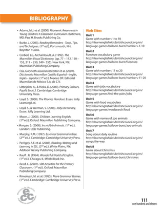 one hundred and eleven
111
• Adams, M.J. et al. (2000). Phonemic Awareness in
Young Children: A Classroom Curriculum. Baltimore,
MD: Paul H. Brooks Publishing Co.
• Burke, J. (2003). Reading Reminders - Tools, Tips,
and Techniques. (1st ed.). Portsmouth, NH:
Boynton / Cook.
• Corbeil, J.C, Archambault, A. (1992). The
Macmillan Visual Dictionary. (pp. 77 – 112, 150 –
152, 219 – 250, 349 - 355). New York, NY:
Macmillan Publishing Company.
• Fox, Gwyneth associated editor et al. (2007).
Diccionario Macmillan Castillo Español – Inglés,
Inglés - español. (1st ed.). Mexico DF: Editorial
Macmillan de México S.A. de C.V.
• Littlejohn, A., & Hicks, D. (2007). Primary Colours,
Pupil’s Book 3. Cambridge: Cambridge
University Press.
• Loyd, S. (2000). The Phonics Handout. Essex: Jolly
Learning Ltd.
• Loyd, S., & Werman, S. (2003). Jolly Dictionary.
Essex: Jolly Learning Ltd.
• Moon, J. (2000). Children Learning English.
(1st ed.). Oxford: Macmillan Publishing Company.
• Morgan, S. (2008). Incredible Animals. (1st ed.).
London: QED Publishing.
• Murphy, R.M. (1997). Essential Grammar in Use.
(2nd ed.). Cambridge: Cambridge University Press.
• Peregoy, S.F. et al. (2005). Reading, Writing and
Learning in ESL. (3rd ed.). White Plains, NY:
Addison Wesley Publishing Company.
• Rauﬀ , R. (1994). Wonderful World of English.
(1st ed.). Chicago, IL: World Book Inc.
• Reed, C. (2007). 500 Activities for the Primary
Classroom. (1st ed.). Oxford: Macmillan
Publishing Company.
• Rinvolucri, M. et al. (1995). More Grammar Games.
(1st ed.). Cambridge: Cambridge University Press.
Web Sites
Unit 1
Game with numbers 1 to 10
http://learnenglishkids.britishcouncil.org/en/
language-games/balloon-burst/numbers-1-10
Unit 2
Furniture vocabulary game
http://learnenglishkids.britishcouncil.org/en/
language-games/balloon-burst/furniture
Unit 3
Game with numbers 11 to 20
http://learnenglishkids.britishcouncil.org/en/
language-games/balloon-burst/numbers-11-20
Unit 4
Game with jobs vocabulary
http://learnenglishkids.britishcouncil.org/en/
language-games/find-the-pairs/jobs
Unit 5
Game with food vocabulary
http://learnenglishkids.britishcouncil.org/en/
language-games/wordsearch/food
Unit 6
Game with names of zoo animals
http://learnenglishkids.britishcouncil.org/en/
language-games/balloon-burst/zoo-animals
Unit 7
Song about daily routine
http://learnenglishkids.britishcouncil.org/en/
songs/the-way
Unit 8
Game about Christmas
http://learnenglishkids.britishcouncil.org/en/
language-games/balloon-burst/christmas
BIBLIOGRAPHY
 
