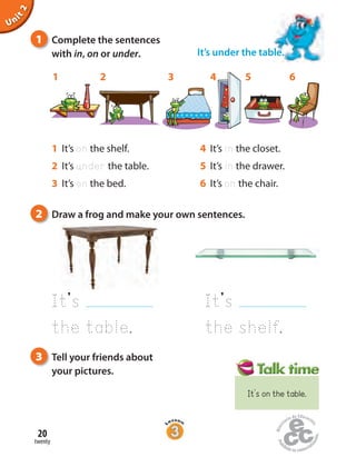 twenty
20
Unit2
1 2 3 4 5 6
It’s
the table.
It’s
the shelf.
1 It’s on the shelf.
2 It’s under the table.
3 It’s on the bed.
4 It’s in the closet.
5 It’s in the drawer.
6 It’s on the chair.
1 Complete the sentences
with in, on or under.
2 Draw a frog and make your own sentences.
3 Tell your friends about
your pictures.
It’s under the table.
It’s on the table.
 