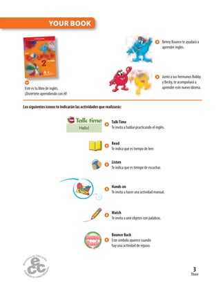 Three
3
YOUR BOOK
in Chile
English
222222222222222222
STUDENT’S BOOK
EDICIÓN ESPECIAL PARA EL MINISTERIO DE EDUCACIÓN
PROHIBIDA SU COMERCIALIZACIÓN
ENGLISHBOUNCEINCHILE2STUDENT’SBOOK
Julie Kniveton Angela Llanas Lina Alvarado
EDICIÓN ESPECIAL PARA EL MINISTERIO DE EDUCACIÓN
PROHIBIDA SU COMERCIALIZACIÓN
9 789563 390551
14-12-12 15:00
Este es tu libro de inglés.
¡Diviértete aprendiendo con él!
Junto a sus hermanos Bobby
y Becky, te acompañará a
aprender este nuevo idioma.
Benny Bounce te ayudará a
aprender inglés.
Los siguientes íconos te indicarán las actividades que realizarás:
Read
Te indica que es tiempo de leer.
Listen
Te indica que es tiempo de escuchar.
3
Hands on
Te invita a hacer una actividad manual.
Match
Te invita a unir objetos con palabras.
TalkTime
Te invita a hablar practicando el inglés.Hello!
Bounce Back
Este símbolo aparece cuando
hay una actividad de repaso.
 