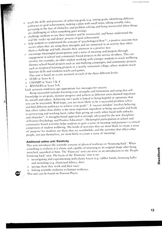 I lif r och rc-'t.ion




o, ,lt:-,.1'l'^:li.;li:ililT:[il'l--i:;';1,,,";;1'iillli::Ili'-"J
 ,.":r,'                to goal                                                                                                           rvhen things
     PathrvaYs                                                                            solving and being resotrrceful
     nersistinfl in rf.," ru."'of u1,r,u.i"r, ".aOrif-,i.r
     ;.;il;ii;;*ing             o ' w h e n s o u e t h i n g g o e sw r ' n g )                                                                    the
                                                                                                                 a'd hence understernd
io c6allenge            str-rdents use therr i'itiatit"""tiUl'"s<lurceful'
                                      to
                    ' r o c k y u p - a n d - d o w n ' p r o c e s so f g o a l a c h i e v e n l e t l t
      real-life                                                                                                          a positive olltcome thilt
,i:))help students to understand the tnnttot.ii:1""ft()f()gltl^l:*'"t'                                                                that ofiers
                                                                                  .ni..r. imrnels;j in an activit'v
      occLrrs      when they are using tl-reirstrength,                                                              *"t
                                           fully absorbs their attetltion,'irr1-lt].:tjt"t
      thenr a challenge ancl
                                                                                                       f r n e serviceof otlrers. e t h r ciltl
 a J e n c o l l r a g e m e : r r r r n g f u l p a r t i c i p a t i c l u . a u d i r s e n s e oirr-tlre a n i n g a n d p u r p o s This o u g h
                                                    ..,,,-',o.''nitu-l)",.d proiects
      ellgagement,'-' s.hool nn.l                                                                                              to teacl-r      wellbeirrg
                                                                            *n,king with younger students
       ir-ivolve,     frlr erample, arnolder stuclent                                                                                           p'.jects
                                                                                                   carnpaigns;and commurritv
       rher.nes;      ,.t-,uot-1,""r"iprri..r, such as anti-buliying                                                      w h e r e s t u c l e n t se a c h
                                                                                                                                                    t
                                                                                                                village'
                                                      p r o l e c t st l t . a r e a r b y r e t i r e t n e n t
                                                                               n
       s u c h a s r e c r p r o c a ll e a r n i n g
                                                                  cilrd games'
       lnternetskillsand residents each                t
                                                                                                                           levels:
       This unit is based on a core                     acronylrl atUeach the three different
                                                                                        of

 ,.,r STARI in Years K-2
 'rir CHAMP! in Ye:rrs3 & 4
  iri WINNERS irr Yezrrs                      -5-ll'
                                                                              k e y m e s s a g e so r s u c c e s s '
                                                                                                         f
 E a c h a c r o n y m r e i n f o r c e sa g e - a p p r o p r i a t e                                                                               that self-
                                                        k.owing          y,,,tr rt.engthl and limitations arrd usi'g
        Bei.g successfulirrclLrcles                                                                                                                     i^rportant
                                                                progress u,-,.1       u.ii"u" in different areas deemed
 kn'wledge to set goals, rnonitor                                                                                                                             that
                                                                         g o a l s i s l i n k e c lt o b e i n g h o p e f u l o r o p t i m i s t i c
  b v ' n e s e l f i r n d o t h e r s . A c h i e v i r - ro n e ' s
                                                                 g
                                                                                                                   a successfulproblem s.lver
                                           xiith hope, vou are I.ore likelv to be
  ;l;;;J;....1ri"r
                                                                                  g o a l s ' ' ' 'A ' s u c c e s sr ] : I i n d s e t ' i r - r v o l vle s l i e v i n g
                                                                                                                                                          re
  : r n d f i n d d i f f e r e n t p a t h r v a y st o a c h i e v ev o u r
                                                                              i*ri,rr,nn, ingreclientir-rbeing                       successfuland le:rds
  thar eff.rt ratl-rertharr ability is the rnosr
                                                                                                           easily when faced witlr setbacks.
  t<l perseverir-rg           ancl *orking lrard, .atl-'e,.thanglving up
                                                                    :rppr'racl-r    i"ttuitgly zrdvocatedby the nerv disciplines
   and obstacles"a. strengths-birsed
                                  A
                                                                                            Melningful participation in school arrd
   of Positive Psychologl' ancl Positive Eclucatiorr"j'                                                                                                             critical
   c o m m n n i t y - b a s e da c t i v i t i e sh e l p s s t u c l e n t so  t gaill a sellse.of leaning and pr-rrpose--a
                                                                                                                     r
                                                                                        a c t i v i t i e st h i l t a r e m o s t l i l < e l ' t o  c r e a t ea s e l l s e
   c o m p o n e n t r f s t u d e ' t w e l l b e i n g .T h e k i n c l so i
        . p u r p o s e ' f o r s t u c l e r . rr 's r e l t t r e t h a t a r e w o r t h w h i l e , a n d t h e a c t i v i t i e st h a t a f f e c t o t h e r
                                                 t, t
   of                                                                                                                    'rneaning''
   p.upl., not            j u s t t h e m s e l v e sa r e n l o s t l i k e l y t o c r e a t ea s e n s eo f
                                                        ,

   Additional online unit: Elasticity                                                                                       'bouncing back'' Wlrerr
                                                                                                       resilierlce r    o
   T h i s u n i t i n t r o d u c e st l - r e c i e n t i f i cc o n c e p t o f p h v s i c a l
                                               s
                                                                                                               t o i t s o r i g i n a l s h i r p ea f t e r b e i n g
   s o m e t h i n gi s r e s i l i e n t ,i t i s e l a s t i ca n c l c a p a b l eo f ' r e t u r n i r r g                                                                                 ,!a
                                                                                                               as an introductioll to the'People                                                o
   s t r e t c h e d . c t u a s h e d r :b e n t . T h e ' E l a s t i c l i t y ' t t n i t c a l t s e r v e
                     s                o                                                                                                                                                         o
                                           'lllasticitr,'
                                                       trnit is orl:                                                                                                                           g
    bOuncing  bilck' unit.The focusof the                                                                                                                                                      13
                                         with elastic                                 balls)
                                                      forces(e'g.rubber bands,bouncirrg                                                                                                        c
    o inves'tigatir-ig erperirnentirlg
                      and                                                                                                                                                                      (!
                       (e.8'
        and stretclrirrg elasticised   fabrrcs, skin)                                                                                                                                          H
                                                                                                                                                                                               F'
    ,'$ springs(how they work        their uses)
                                 ar-rd
     16.)
        linkingscientific resilience humanresilience'
                                   to
    This unit can be found on Pearson   Plai:es'




                                                                                                                                                                                          13
 