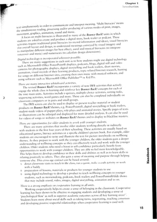 Chapter    1
                                                                                                                                                                        Introduction




                                                              'Multi-riteracies'
                                                                             means
                                                    rrerrri'g.
                 in orderto communicilte interpret
                                       and
rert simultaneously                                variottsr.troclesprint'images'
                                                                  of
thesimultantuu'"noilgl;;';t;i"* "idul' l::::lucingof
                                                    Back! i'rvhicrr
                                             o'i Bounce units
;;"H::::T:*::liil'.1rjiill1,'lilll,illllil";"' the
s t u d e n t s a r e a s k e d . o . , . " , . a n d p r o d u c e o a i grie c .tr,d oi r r f o r r noro ik r raadl e do r p t)l'v i c a a lt l.iTe r a c ie s
                                                                                                 t o t - , y , l " , t t . t r ' i i r eas d su s t l r e s e
activities       r e q r . r i r er a . l i t i o n a i p r i n i l i t e r a c i " , f i . ]
                                 t                                                                                                               itnagerv trnd
                                                              to r-rnderstalld              rrreani'gs conveved b'v visr'ral
(i.r     'verall layoul nr-rJd.rigr-r,                                                                                                           (to integrate
                                                                                               at"al ttttclurusical liter:rcies
to rr-ranipulate            ditferent imog., for best effect),
                                                                                                                   ditne'siolrs)'
                                                    , - r . , m e r a c i e so c a l c u l a t ed e s i g '
                                                                            (t
v o i c e o v e ra . d m u s r c ) " , - r d
                                                 ctrpo r a7gtl urll gvettc r 1t ssi b Ic'     o
 D igit al t ech n c tkt is irtcgy                                                                                                                          technologl'
                                                                               .tnit            to lrow stuclents ight usedigital
                                                                                                                                m
        T h e r e a r e n l a n y s u g g e s t i o n sn e a c hi
                                                                                          "'                                                   still ancl vide<r
                                                       powerp'int@ .i;rJ,ry;, p.dcasts, blogs, digital
 such as Micros.ft@ ofi."                                                                                                                     short movies'
                                                                        digital ,,(r.yr"liir-rgancl b.ol< trailer:s,
 cameras for photographic displays,                                                                                                               r e s e a r c h 'h u n t i r l g
                                                                    l e a r n i n gp t : t " t " t " , i t ' p i t - " l t t " d h l t c r n e t
 i r n i m a t i o n , v i s u a l r e c o r d so f t h e i r                                                                     musical software' and
                                                               sites,cre:rting their own nttsic with
 for sorrgson diffcrent Internet

  ",i,:lg''f.*"resuchtrsMicrosoft@officePublisl-rerllorI(idPrr.
  There rtre t111111y        interLtctit'e         uthitebctttrdacttt'i;lies'
                                                                                                                                                         activelv
                                                                                  a variety Of new IWB activities th:rt
        The reviseclBounce Back!incorporates                                                                                                      for each oI
                                                                                                  Bourtce Back! collcepts
  en€lage     tlre whole class in learnirrg ^r-rdr"infnr.ekev
                                                                                           n,- r u l t i p l e - c h o i c e . r c t i v i t i es o r t i n g t r l s k s '
                                                                                                                                                 s,
  t ' e n i n e r n a i n u n i t s . A c t i v i t i e si n c l u d e e - q n i z z . e s
                                                                          m o r e . T l l e s e. , t n    o l ' n b e c o m p l e t e di n c ' l i v i d u a l l Y r r  o
  s e q u e n c i n g c t i v r t r e sw c l r d g a m e sa n d
                     a                 ,
                    computers or in pairs and sr-r-rall                           groLlps'
  classroot-t.t
                                                                                              present te.rcl.rer:            nirterial or student
        The IWB screencan also be useclto display or
                                                                           po*erituinir@, digital stor:ytellingor book trailers'
   prcrductson Bounce Back! thenes, e.g.
                                                                                           anc'lanin-rate.d            stories' Specificp:rgesof terts
   student-made videcx 9f puppet plrrys,-role-pl'lys
                                                                    j i r p t o v e d i , r ' ' r e c l e t a i l e ca ' a l v s i s ' I t c a n a l s o b e u s e d
                                                                                                                           l
   or illustratr.nscar L..,-rt"rg.a
                                                            "nj                                              ar.rcl display to blackline nlelsters'
                                                                                                                    to
   f<rr.videos of songs or websites 1tn                           Bounce B.lcftJthemes
                                                                                                                                stttdertts'
   Tbere dre ctpporturtitiesior ctlder students tct tt'ctrku,ith t'ot?tgcr
                                                                                                              working directly or ir-idirectly
           T h e r e a r e n t a n v a c t i v i t i e st h a t i n v o l v e t l l d e r s t u d e n t s
                                                                                                          T h e s e a c t i v i t i e sa r e u s u a l l l ' b a s e c o n
                                                                                                                                                                         l
   w i t l . rs t u c l e ' t si n t h e f i r r t f , r n 1y e a r s o f t l , e i r s c h o o l i r r g .
                                                             1
                                                                                                                                   b.ok' For eratnple'                 older
   edLrcational              galres, literacy activities or a specificchild"'"''' picture
                                                                                                            for pictr-rre        storybooks on wellbei'g
   students are encourageclt. write and illustia.tetl"Ietext
                                                                                                   cl-rildrcn,the older stLlclents                     gair-r deeper
                                                                                                                                                                a
   themes. As they pr.por" ro work with the yc)Llnger
                                                          co'cepts s. tl.reycan effectively teacl-r                             arrd    work wit6 the voullger
   tu'clerstandingoi rvellbc-ing
   children. Older students who                              need a bo.rst i,-tseli-confidenceparticul:rrlv berrefitfron'r
                                                                                                                             feelrl.rore nowledgeable'
                                                                                                                                              k
   o p p o r t u n i t r e st o w o r k w i t h y o r - r n g ec h i l d r e n . T h e y a r e : r b l et o
                                                                         r:
   T h i s h e l p sr h e m t o c l e v e l o p u n f i J . , - , . . i n t h e i r s k i l l s
                                                          .                                            r r n d a b i l i t i e sa s r v c l l a s t o l e a r u s k i l l s i r r
   relating pOsitivelytO otl-rers.                          Thev also grtin a seuseclf meatritrgar.rdpurprlse through l-relping
   , , , , ' I - , . u n e l s e .T h i s c r o s s - a g e o n t a c t c a n b e b a s e di l r o u n d :
                         .                                   c
                                                                                                                                                                 work
    :,:L direct classr-oom                   visits it-,teach to the clasli,run a !+rnre,ru.rkc a craft irctivitY or
             with.r l''trd.l)
    ,q preparation of lessot-ts,                         rnaterials or pro<luctsfor Vounger studellts to Llse
                                                                                                                                      concepts to yourlger
     e, using digital techn<-rlogy develop a pr,rduct to teach welibeing
                                                            to
                                                                       podcirsts,book tr::rilers                    and Powet'Points@/slide                      shows
              studelts, such as m.ruie,r-raking,
                                                                                                                                                       so on'
              thirt 1-rayinclude sonud, video, images, ,Jigital storytelling,,arlit.uation:rtrd

     There is 4 strc)ngentphitsisott cooperLtit,e                                leantins in all units.
           il/orking cooperatively fieips to create a senseof belorrging in the classroom' (iooPeratil'e
     learnrng has been shown to be eifective in er-rgaging                                        students and developing a senseof
     , p s v c h r i l o g i c afll o w ' a s w e l l a s s u p e r i o r : r c a d e m i c r i t c o m e sa c r o s sa l l k e y l e a r n i n g : r r e i r s r '
                                                                                             o
     S t u c l e n t se a r n m o r e a b o u t
                       l                             s o c i a l s k i l l s s u c h a s t a k i n g t L l i l l s ,l t e g o t i a t i r r g r e a c h i n gc o n s e n s t l s
                                                                                                                                              ,
     a n d d e v e l o p i n gp o s i t i v e r e s p e c f u l r e l a t i o n s h i p sw h e n c o o p e r a t i v c         l e a r n i n gi s u s e du ' e l l '
 