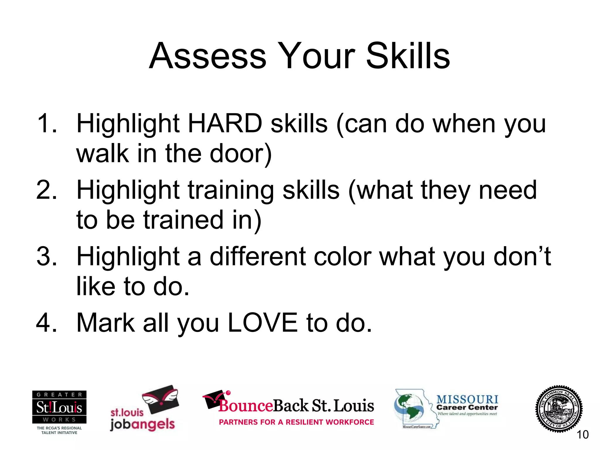 Assess Your Skills Highlight HARD skills (can do when you walk in the door) Highlight training skills (what they need to be trained in) Highlight a different color what you don’t like to do. Mark all you LOVE to do. 
