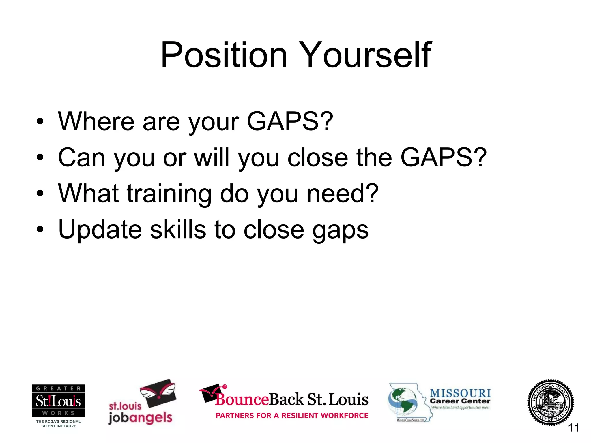 Position Yourself Where are your GAPS? Can you or will you close the GAPS? What training do you need? Update skills to close gaps 
