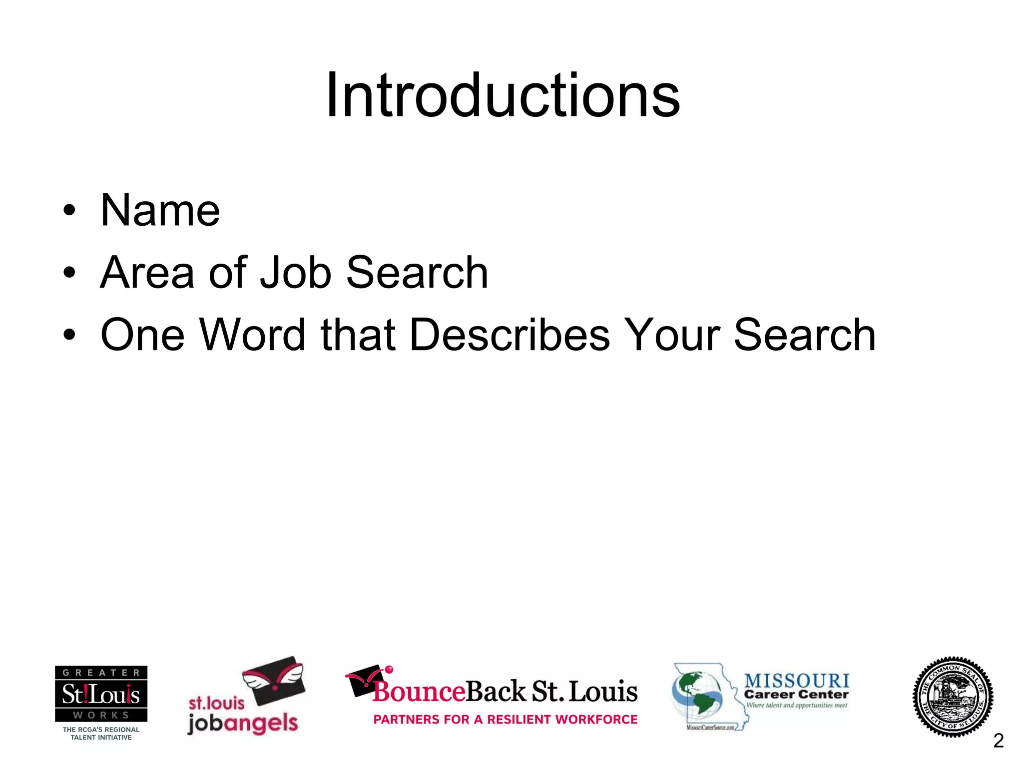 Introductions  Name Area of Job Search One Word that Describes Your Search 