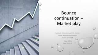 Bounce
continuation –
Market play
Catalyst: Relative strength to market
Setup: Bounce continuation
Trades: Trend PB
Ticker: COIN
Date: 12-1-23
 
