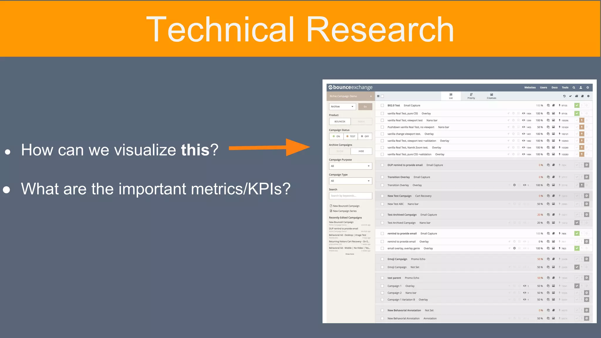 ● How can we visualize this?
● What are the important metrics/KPIs?
Technical Research
 