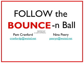 QuickTime™ and a
GIF decompressor
are needed to see this picture.
FOLLOW the
BOUNCE-n Ball
Pam Cranford
cranfordp@woisd.net
Nina Peery
peeryn@woisd.net
BOUNCE
 