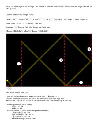 and Width and Height of the rectangle. The number of iterations is effectively a function of width, height, direction and
initial position.
Consider the following example shown.
Here, initial position is (142,73).
(1)-(5) are the distances nearest a side at a certain point (X,Y) of the circle.
The total number of iterations is the sum of the distances (1) + (2) + (3) + (4) + (5).
As it touches a side, the circle bounces and reverses direction either horizontally or vertically.
The initial parameters are as follows:
Height - 1 = 799
Width -1 = 499
The value of radius, 8, offset the boundary values as follows:
Left Boundary = 0 + 8 = 8
Right Boundary = 799 - 8 = 791
Top Boundary = 0 + 8 = 8
Bottom Boundary = 499 - 8 = 491
1
2
3
4
5
 
