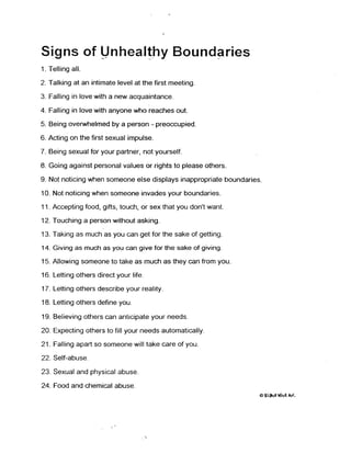 Signs of Unhealthy Boundanes
1. Telling all.
2. Talking at an intimate level at the first meeting.
3. Falling in love with a new acquaintance.
4. Falling in love with anyone who reaches out.
5. Being overwhelmed by a person - preoccupied.
6. Acting on the first sexual impulse.
7. Being sexual for your partner, not yourself.
8. Going against personal values or rights to please others.
9. Not noticing when someone else displays inappropriate boundaries.
10. Not noticing when someone invades your boundaries.
11. Accepting food, gifts, touch, or sex that you don't want.
12. Touching a person without asking.
13. Taking as much as you can get for the sake of getting.
14. Giving as much as you can give for the sake of giving.
15. Allowing someone to take as much as they can from you.
16. Letting others direct your life.
17. Letting others describe your reality.
18. Letting others define you.
19. Believing others can anticipate your needs.
20. Expecting others to fill your needs automatically.
21. Falling apart so someone will take care of you.
22. Self-abuse.
23. Sexual and physical abuse.
24. Food and chemical abuse.

 