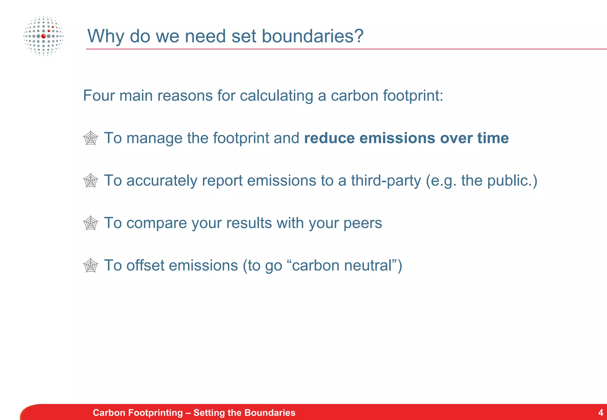 Why do we need set boundaries? Four main reasons for calculating a carbon footprint: To manage the footprint and  reduce emissions over time To accurately report emissions to a third-party (e.g. the public.) To compare your results with your peers To offset emissions (to go “carbon neutral”) Carbon Footprinting – Setting the Boundaries 