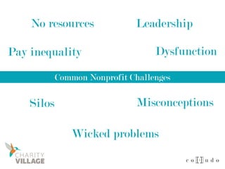 Common Nonprofit Challenges
No resources
Pay inequality
Leadership
Dysfunction
Silos Misconceptions
Wicked problems
 