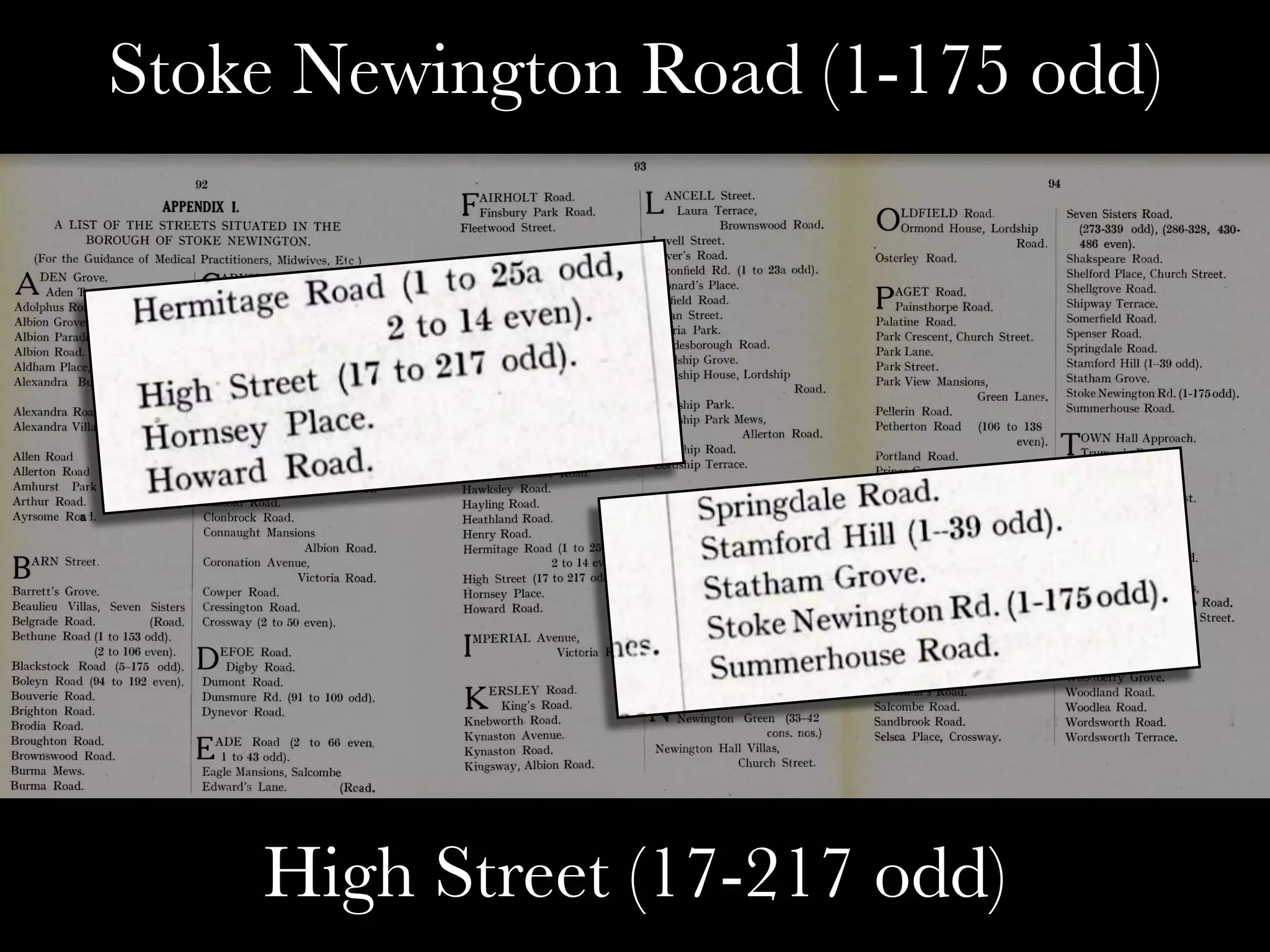 Stoke Newington Road (1-175 odd)
High Street (17-217 odd)
 