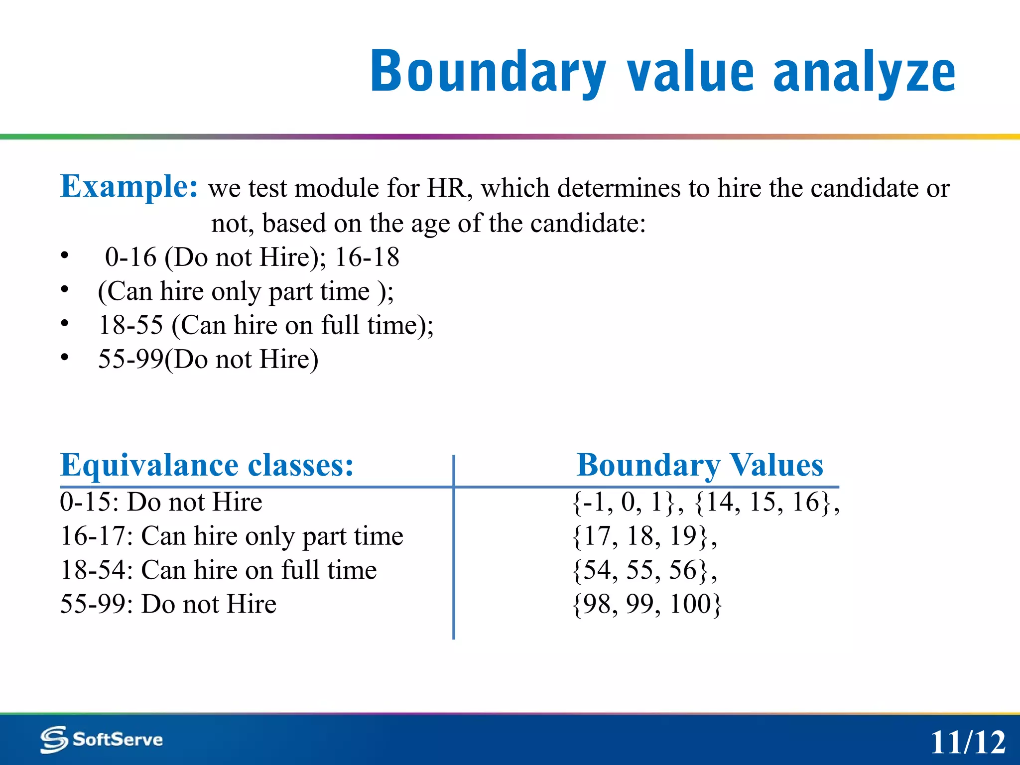 Boundary value analyze
Example: we test module for HR, which determines to hire the candidate or
not, based on the age of the candidate:
• 0-16 (Do not Hire); 16-18
• (Can hire only part time );
• 18-55 (Can hire on full time);
• 55-99(Do not Hire)
Equivalance classes: Boundary Values
0-15: Do not Hire {-1, 0, 1}, {14, 15, 16},
16-17: Can hire only part time {17, 18, 19},
18-54: Can hire on full time {54, 55, 56},
55-99: Do not Hire {98, 99, 100}
11/12
 