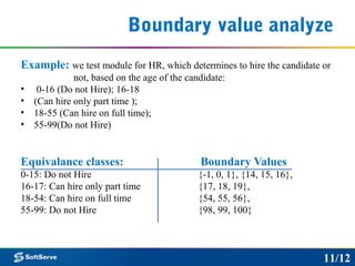 Boundary value analyze
Example: we test module for HR, which determines to hire the candidate or
not, based on the age of the candidate:
• 0-16 (Do not Hire); 16-18
• (Can hire only part time );
• 18-55 (Can hire on full time);
• 55-99(Do not Hire)
Equivalance classes: Boundary Values
0-15: Do not Hire {-1, 0, 1}, {14, 15, 16},
16-17: Can hire only part time {17, 18, 19},
18-54: Can hire on full time {54, 55, 56},
55-99: Do not Hire {98, 99, 100}
11/12
 