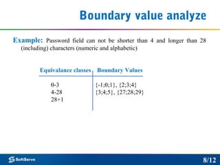 Boundary value analyze
Example: Password field can not be shorter than 4 and longer than 28
(including) characters (numeric and alphabetic)
8/12
Equivalance classes Boundary Values
0-3 {-1;0;1}, {2;3;4}
4-28 {3;4;5}, {27;28;29}
28+1
 