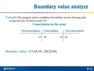 Boundary value analyze
Example:The program selects candidates for military service focusing only
on age (not less 18 and no more 25)
Conscription in the army
Not conscription Conscription Not conscription
17 18 25 26
Boundary values: {17;18,19} {24;25;26}
9/12
 