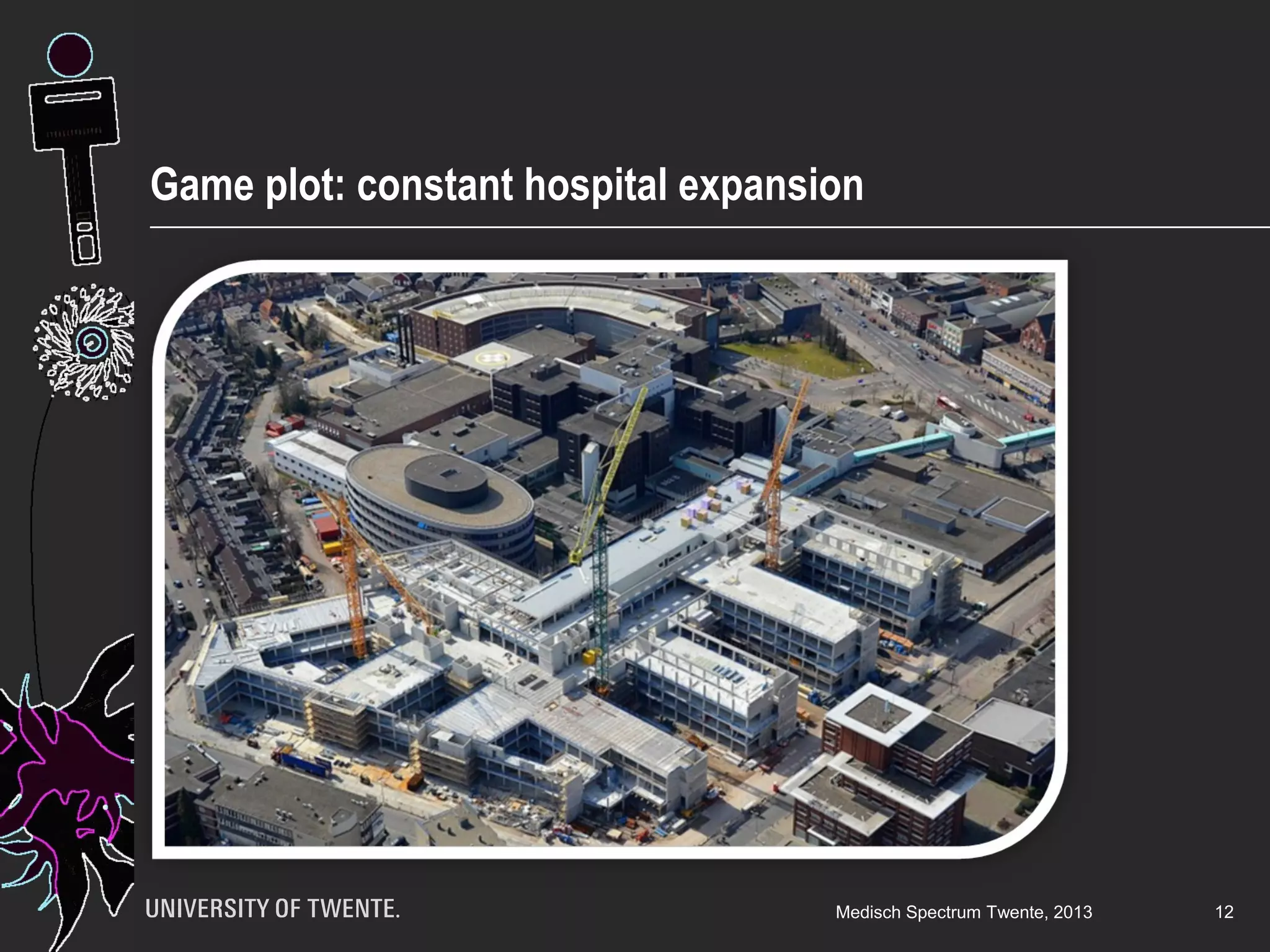 Experimental setting using a board game 
• Induced boundaries 
among civil engineering 
bachelor students 
• Simulate long processes 
(25 years in 2 hours) 
• Highlight the 
consequences of 
player’s actions 
The Expansive Hospital 12 
 