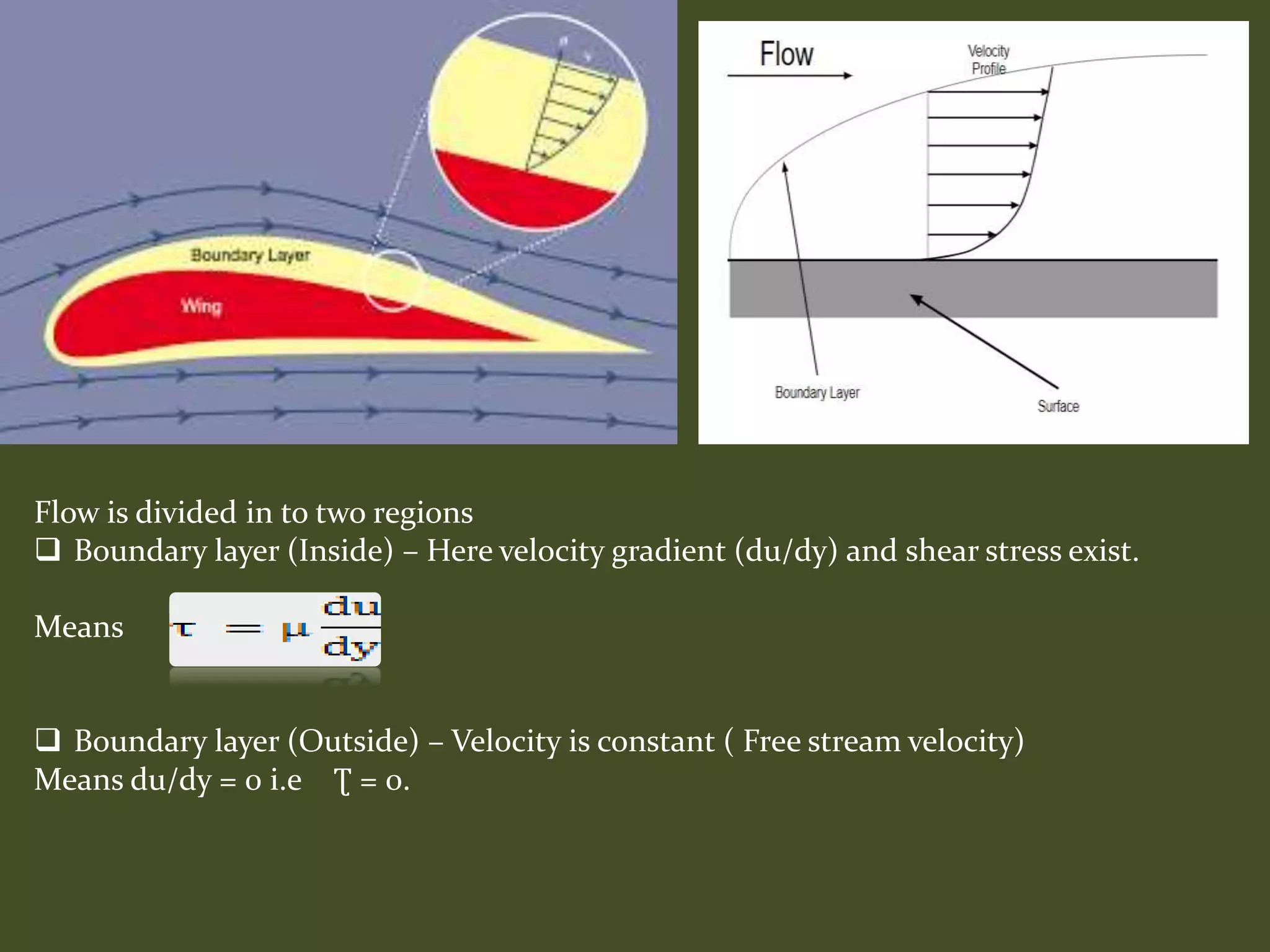 Flow is divided in to two regions
 Boundary layer (Inside) – Here velocity gradient (du/dy) and shear stress exist.
Means
 Boundary layer (Outside) – Velocity is constant ( Free stream velocity)
Means du/dy = 0 i.e Ʈ = 0.
 
