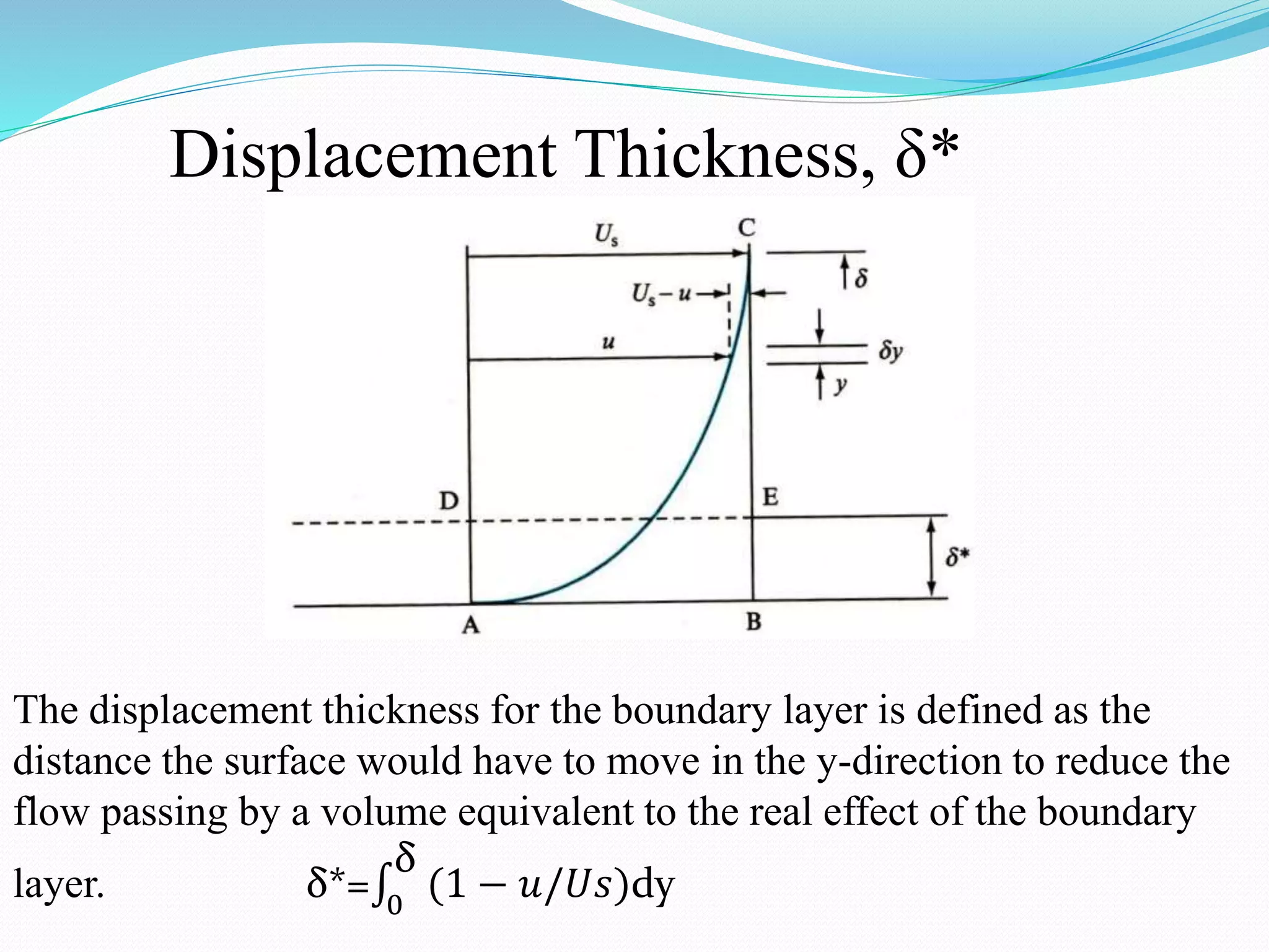 Displacement Thickness, δ*
The displacement thickness for the boundary layer is defined as the
distance the surface would have to move in the y-direction to reduce the
flow passing by a volume equivalent to the real effect of the boundary
layer. δ*= 0
δ
(1 − 𝑢/𝑈𝑠)dy
 