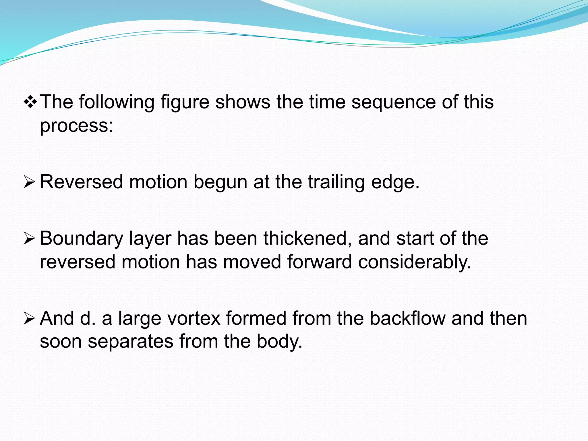 The following figure shows the time sequence of this
process:
 Reversed motion begun at the trailing edge.
 Boundary layer has been thickened, and start of the
reversed motion has moved forward considerably.
 And d. a large vortex formed from the backflow and then
soon separates from the body.
 