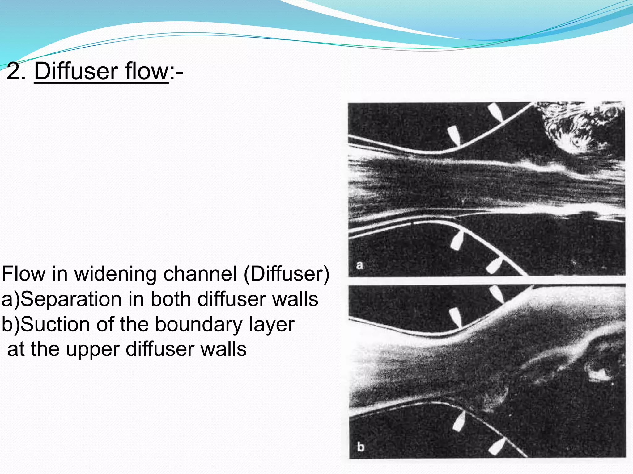 2. Diffuser flow:-
Flow in widening channel (Diffuser)
a)Separation in both diffuser walls
b)Suction of the boundary layer
at the upper diffuser walls
 