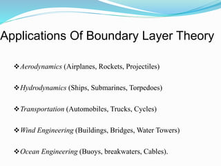 Applications Of Boundary Layer Theory
Aerodynamics (Airplanes, Rockets, Projectiles)
Hydrodynamics (Ships, Submarines, Torpedoes)
Transportation (Automobiles, Trucks, Cycles)
Wind Engineering (Buildings, Bridges, Water Towers)
Ocean Engineering (Buoys, breakwaters, Cables).
 