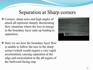 Separation at Sharp corners
32
 Corners, sharp turns and high angles of
attack all represent sharply decelerating
flow situations where the loss in energy
in the boundary layer ends up leading to
separation.
 Here we see how the boundary layer flow
is unable to follow the turn in the sharp
corner (which would require a very rapid
acceleration), causing separation at the
edge and recirculation in the aft region of
the backward facing step.
 