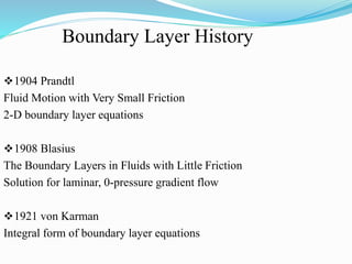 Boundary Layer History
1904 Prandtl
Fluid Motion with Very Small Friction
2-D boundary layer equations
1908 Blasius
The Boundary Layers in Fluids with Little Friction
Solution for laminar, 0-pressure gradient flow
1921 von Karman
Integral form of boundary layer equations
 