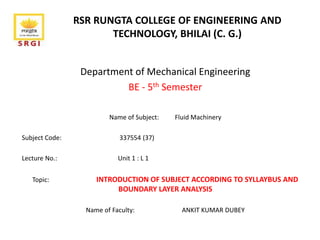 RSR RUNGTA COLLEGE OF ENGINEERING AND
TECHNOLOGY, BHILAI (C. G.)
Department of Mechanical Engineering
BE - 5th Semester
Name of Subject: Fluid Machinery
Subject Code: 337554 (37)
Lecture No.: Unit 1 : L 1
Topic: INTRODUCTION OF SUBJECT ACCORDING TO SYLLAYBUS AND
BOUNDARY LAYER ANALYSIS
Name of Faculty: ANKIT KUMAR DUBEY
 