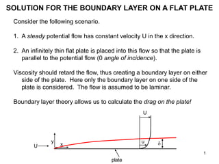1
SOLUTION FOR THE BOUNDARY LAYER ON A FLAT PLATE
Consider the following scenario.
1. A steady potential flow has constant velocity U in the x direction.
2. An infinitely thin flat plate is placed into this flow so that the plate is
parallel to the potential flow (0 angle of incidence).
Viscosity should retard the flow, thus creating a boundary layer on either
side of the plate. Here only the boundary layer on one side of the
plate is considered. The flow is assumed to be laminar.
Boundary layer theory allows us to calculate the drag on the plate!
x
y d
U
U
u
plate
 