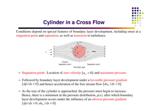 Cylinder in a Cross FlowCylinder in a Cross Flow
Conditions depend on special features of boundary layer development, including onset at a
stagnation point and separation, as well as transition to turbulence.
– Stagnation point: Location of zero velocity and maximum pressure.( )0u∞ =
– Followed by boundary layer development under a favorable pressure gradient
and hence acceleration of the free stream flow .( )/ 0<dp dx ( )/ 0∞ >du dx
– As the rear of the cylinder is approached, the pressure must begin to increase.
Hence, there is a minimum in the pressure distribution, p(x), after which boundary
layer development occurs under the influence of an adverse pressure gradient
( )/ 0, / 0 .∞> <dp dx du dx
 