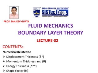 FLUID MECHANICS
BOUNDARY LAYER THEORY
LECTURE-02
CONTENTS:-
Numerical Related to
 Displacement Thickness (δ*)
 Momentum Thickness and (θ)
 Energy Thickness (δ**)
 Shape Factor (H)
PROF. SANJEEV GUPTA
 