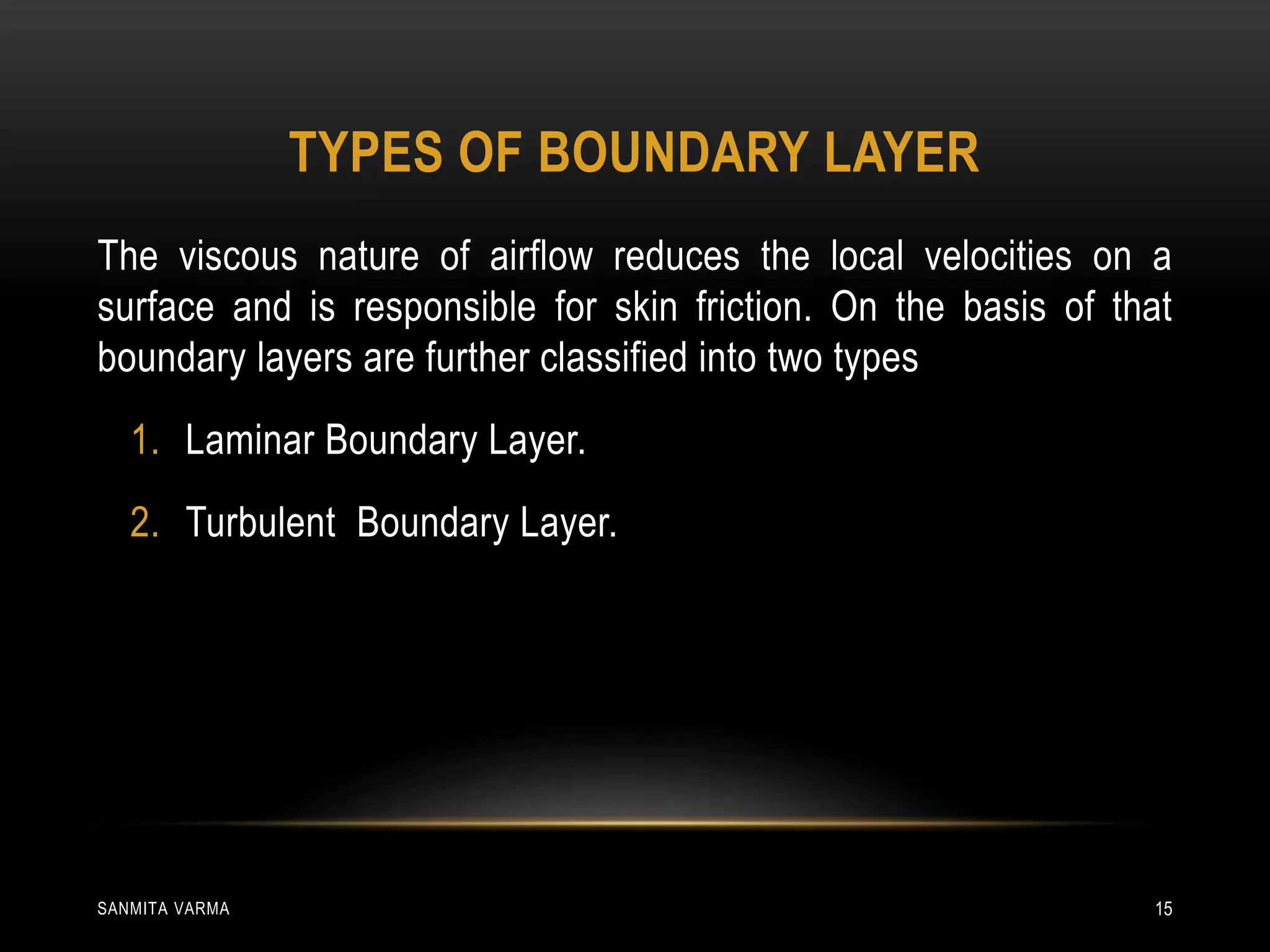 TYPES OF BOUNDARY LAYER
The viscous nature of airflow reduces the local velocities on a
surface and is responsible for skin friction. On the basis of that
boundary layers are further classified into two types
1. Laminar Boundary Layer.
2. Turbulent Boundary Layer.
SANMITA VARMA 15
 