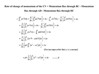 Rate of change of momentum of the CV = Momentum flux through BC - Momentum
flux through AD - Momentum flux through DC
 