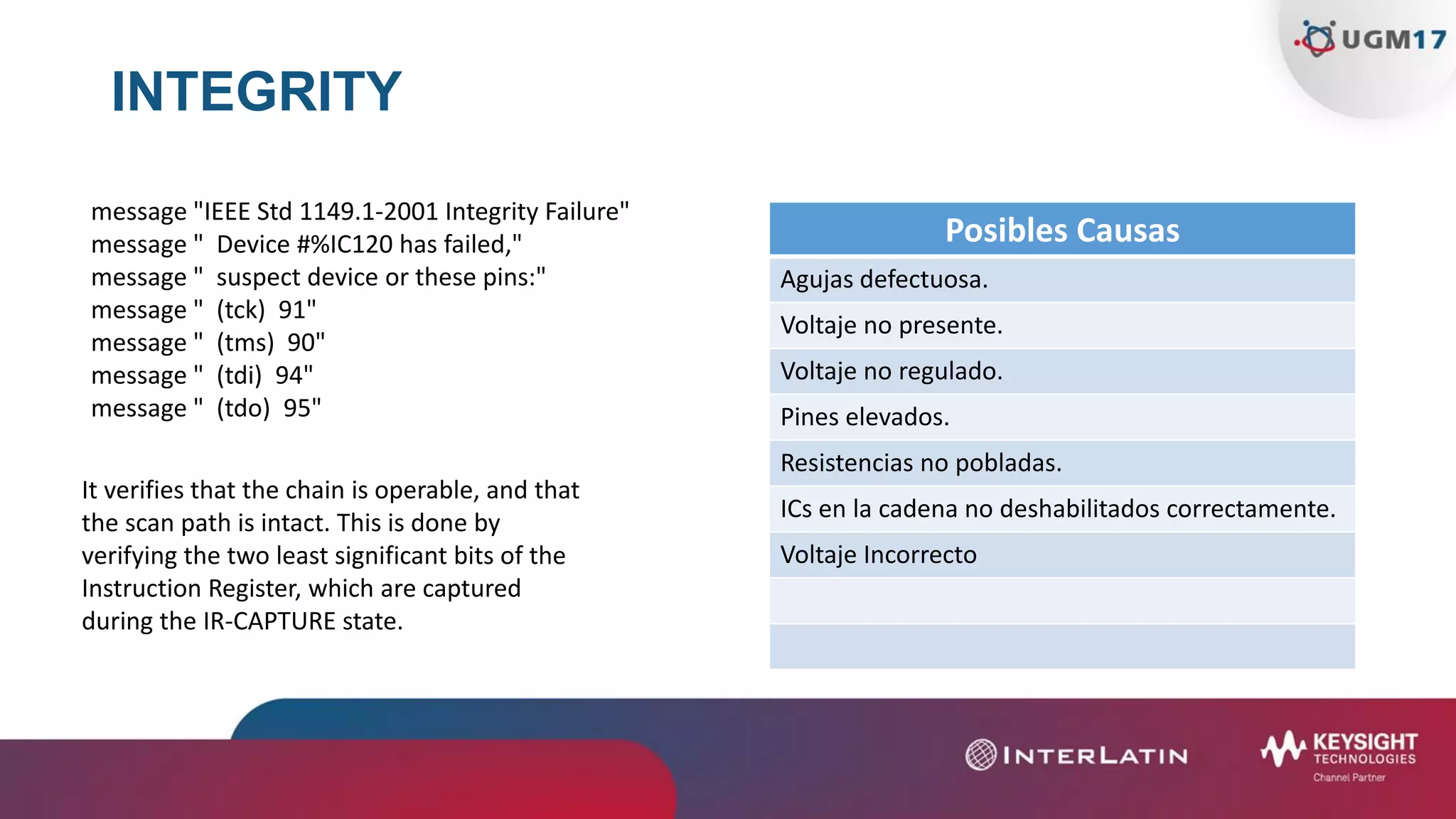INTEGRITY
Posibles Causas
Agujas defectuosa.
Voltaje no presente.
Voltaje no regulado.
Pines elevados.
Resistencias no pobladas.
ICs en la cadena no deshabilitados correctamente.
Voltaje Incorrecto
message "IEEE Std 1149.1-2001 Integrity Failure"
message " Device #%IC120 has failed,"
message " suspect device or these pins:"
message " (tck) 91"
message " (tms) 90"
message " (tdi) 94"
message " (tdo) 95"
It verifies that the chain is operable, and that
the scan path is intact. This is done by
verifying the two least significant bits of the
Instruction Register, which are captured
during the IR-CAPTURE state.
 
