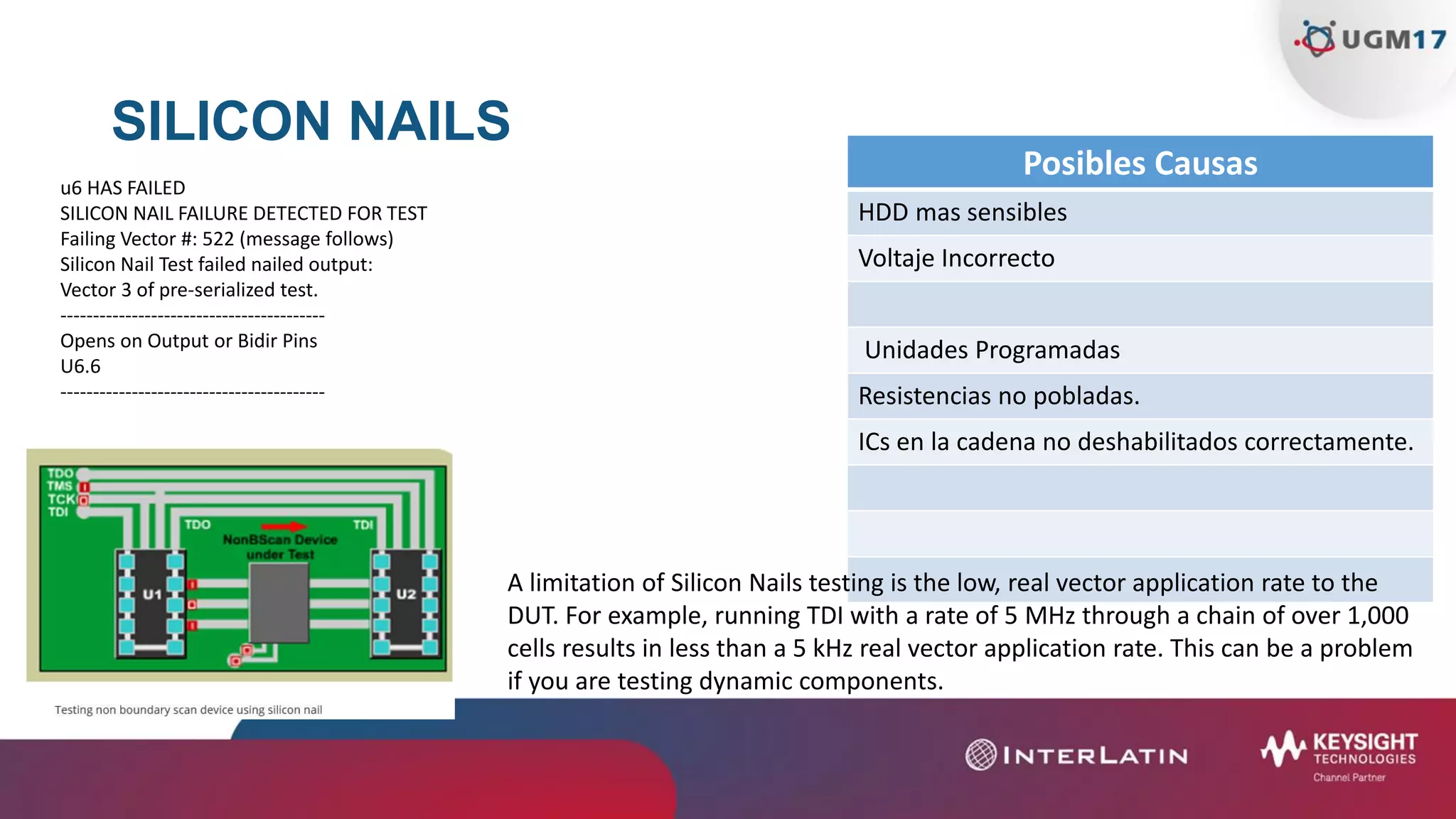 SILICON NAILS
Posibles Causas
HDD mas sensibles
Voltaje Incorrecto
Unidades Programadas
Resistencias no pobladas.
ICs en la cadena no deshabilitados correctamente.
u6 HAS FAILED
SILICON NAIL FAILURE DETECTED FOR TEST
Failing Vector #: 522 (message follows)
Silicon Nail Test failed nailed output:
Vector 3 of pre-serialized test.
-----------------------------------------
Opens on Output or Bidir Pins
U6.6
-----------------------------------------
A limitation of Silicon Nails testing is the low, real vector application rate to the
DUT. For example, running TDI with a rate of 5 MHz through a chain of over 1,000
cells results in less than a 5 kHz real vector application rate. This can be a problem
if you are testing dynamic components.
 