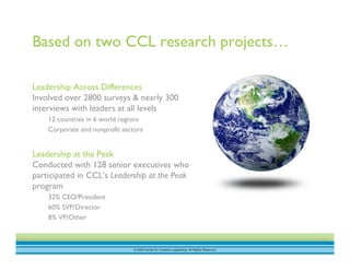 © 2009 Center for Creative Leadership. All Rights Reserved.
Based on two CCL research projects…
Leadership Across Differences
Involved over 2800 surveys & nearly 300
interviews with leaders at all levels
12 countries in 6 world regions
Corporate and nonprofit sectors
Leadership at the Peak
Conducted with 128 senior executives who
participated in CCL’s Leadership at the Peak
program
32% CEO/President
60% SVP/Director
8% VP/Other
 