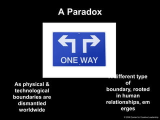 A ParadoxA different type of boundary, rooted in human relationships, emergesAs physical & technological boundaries are dismantled worldwide© 2008 Center for Creative Leadership
