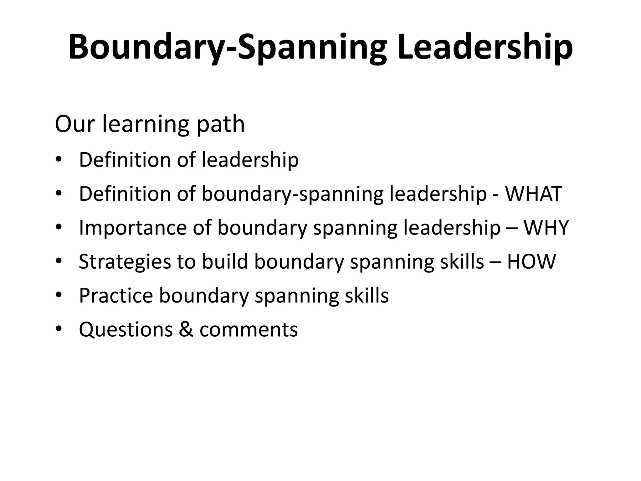 Boundary-Spanning Leadership
Our learning path
• Definition of leadership
• Definition of boundary-spanning leadership - WHAT
• Importance of boundary spanning leadership – WHY
• Strategies to build boundary spanning skills – HOW
• Practice boundary spanning skills
• Questions & comments
 