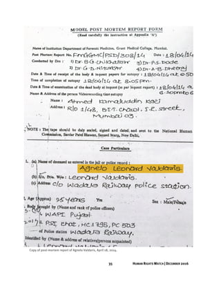 35 HUMAN RIGHTS WATCH | DECEMBER 2016
Copy of post-mortem report of Agnelo Valdaris, April 18, 2014.
 