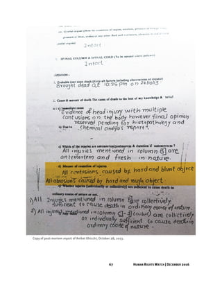 67 HUMAN RIGHTS WATCH | DECEMBER 2016
Copy of post-mortem report of Aniket Khicchi, October 28, 2013.
 