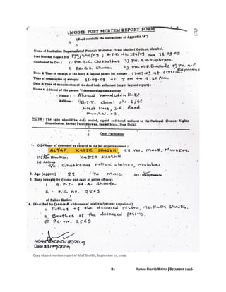 81 HUMAN RIGHTS WATCH | DECEMBER 2016
Copy of post-mortem report of Altaf Shaikh, September 11, 2009
 