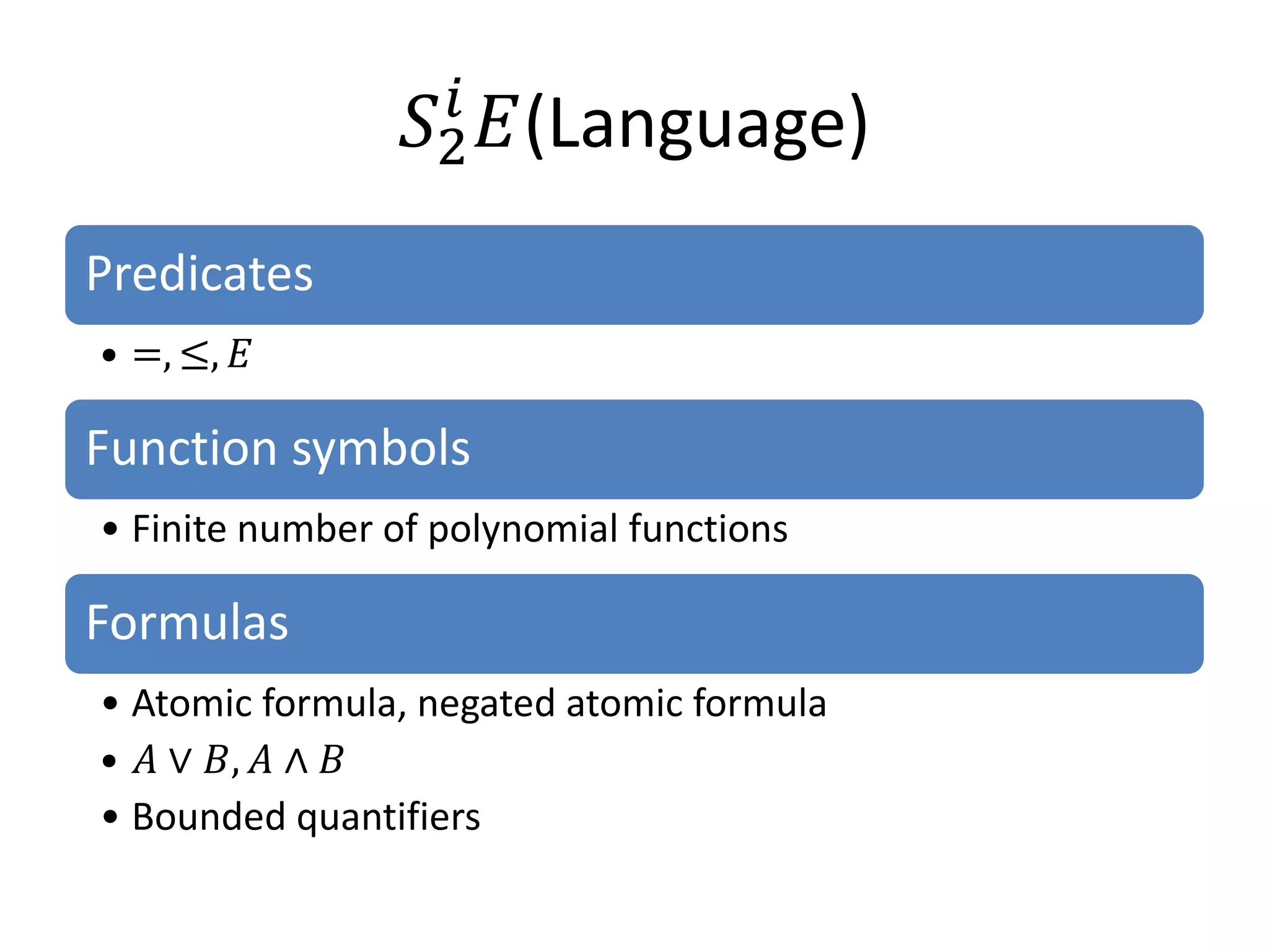 𝑆2𝑖
                        𝐸(Language)

• =, ≤, 𝐸
Predicates


Function symbols
• Finite number of polynomial functions

Formulas

• 𝐴 ∨ 𝐵, 𝐴 ∧ 𝐵
• Atomic formula, negated atomic formula

• Bounded quantifiers
 