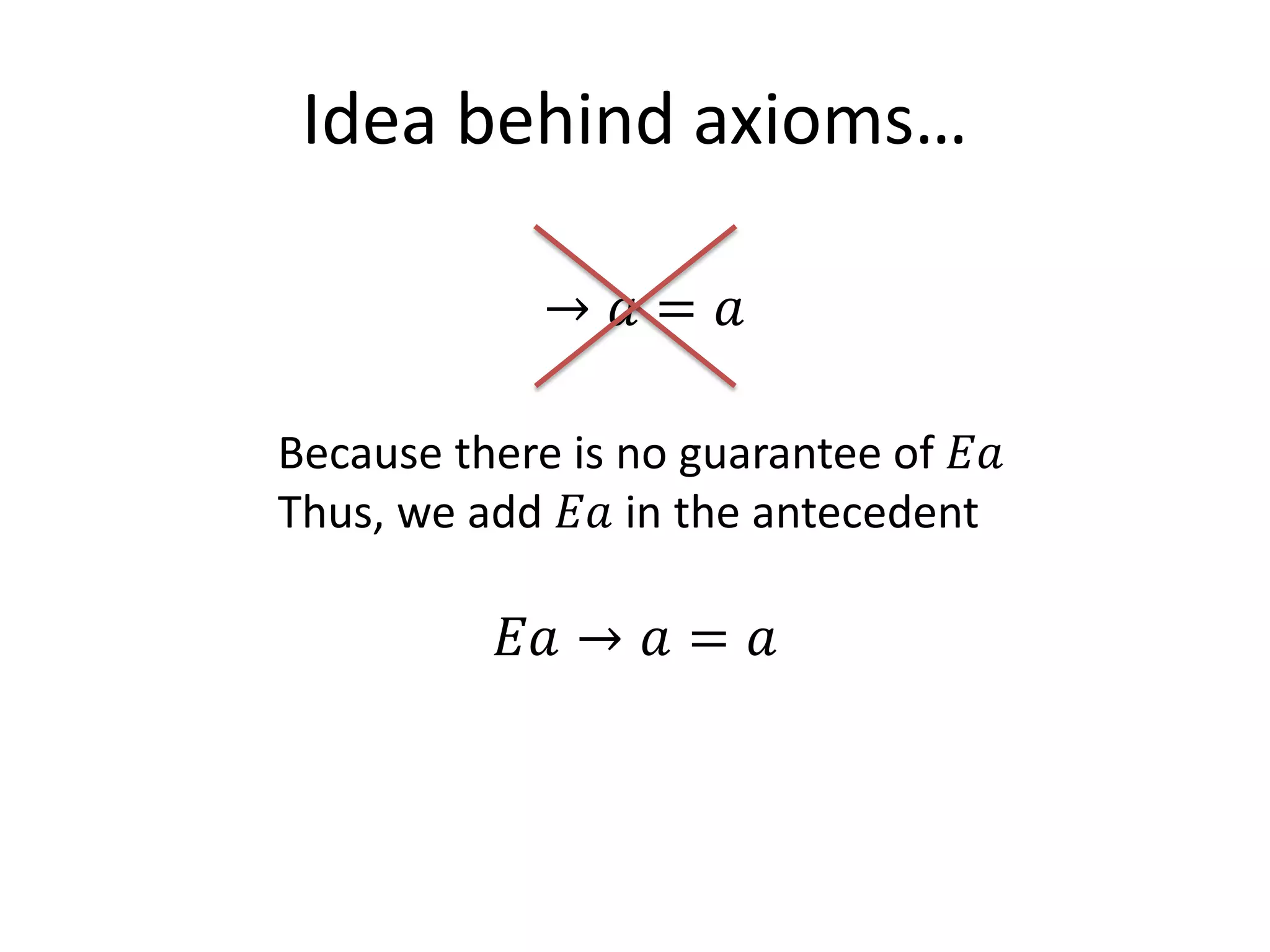 Idea behind axioms…

            → 𝑎= 𝑎

Because there is no guarantee of 𝐸𝐸
Thus, we add 𝐸𝐸 in the antecedent

           𝐸𝐸 → 𝑎 = 𝑎
 