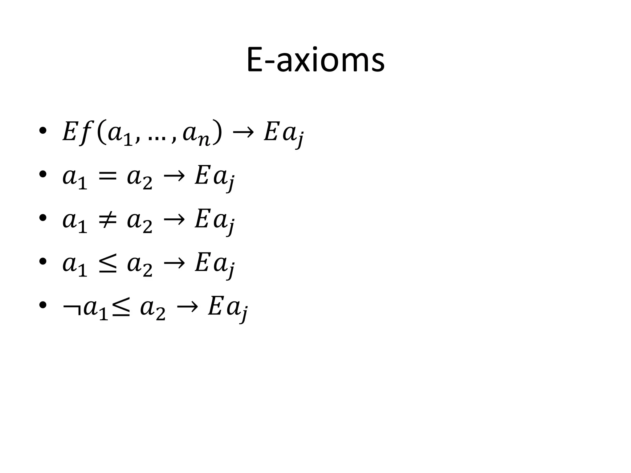 E-axioms
• 𝐸𝐸 𝑎1 , … , 𝑎 𝑛 → 𝐸𝑎 𝑗
• 𝑎1 = 𝑎2 → 𝐸𝑎 𝑗
• 𝑎1 ≠ 𝑎2 → 𝐸𝑎 𝑗
• 𝑎1 ≤ 𝑎2 → 𝐸𝑎 𝑗
• ¬𝑎1 ≤ 𝑎2 → 𝐸𝑎 𝑗
 
