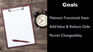 Goals
Maintain Functional State 
AddValue & Reduce Debt 
Permit Changeability
 