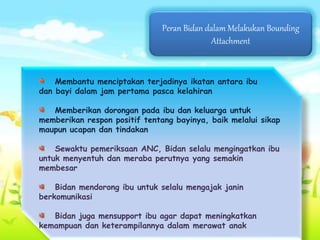 Peran Bidan dalam Melakukan Bounding
Attachment
Membantu menciptakan terjadinya ikatan antara ibu
dan bayi dalam jam pertama pasca kelahiran
Memberikan dorongan pada ibu dan keluarga untuk
memberikan respon positif tentang bayinya, baik melalui sikap
maupun ucapan dan tindakan
Sewaktu pemeriksaan ANC, Bidan selalu mengingatkan ibu
untuk menyentuh dan meraba perutnya yang semakin
membesar
Bidan mendorong ibu untuk selalu mengajak janin
berkomunikasi
Bidan juga mensupport ibu agar dapat meningkatkan
kemampuan dan keterampilannya dalam merawat anak
 
