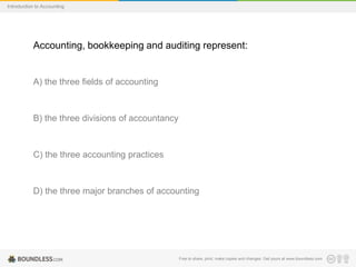 Free to share, print, make copies and changes. Get yours at www.boundless.com
Introduction to Accounting
Accounting, bookkeeping and auditing represent:
A) the three fields of accounting
B) the three divisions of accountancy
C) the three accounting practices
D) the three major branches of accounting
 